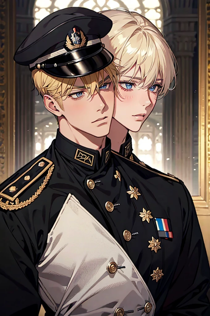 blond male, military uniform, military hat, short hair, blushing, handsome, ikeman, mature, masculine, black, german, black military outfit, two characters, wedding,