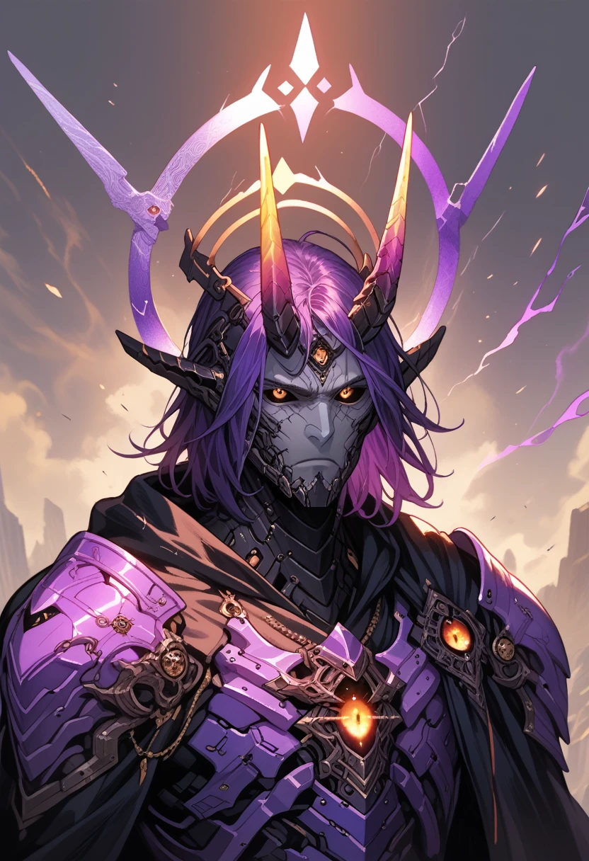 1 male,solo,grey skin, villian,black smooth armor,full armor,detailed texture,fantasy,pale skin,energy veins on armor,black cloak,black hood, Eyes glowing purple,black sclera,glowing eyes,detailed,(machina), purple energy veins,detailed texture,black colour halo,detailed body,shoulder pads,faceless head,horns,headgear.(purple-blue armor trim:1.3)