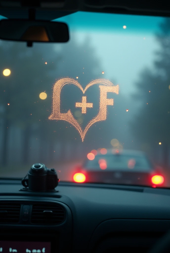 On a car window with raindrops and the glass fogged up in the shape of a heart drawn with steam and inside the initials L + F fogged drawn with steam