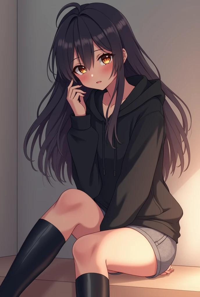 Anime Shy blushing 1 girl because She wanna tell you (you are cute lesbian girl to her that she love) She is a futa. Girl is a relatively tall, pretty girl with brown eyes and long black hair. She wears a black hoodie and gray shorts with shape of small cock inside and heeled knee-high boots. She cries and blushes because She wants to tell you that she is a futa but is scared you gonna leave her so she cry in fear.