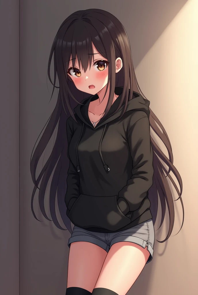 Anime Shy blushing in shocked 18 years old girl because She wanna tell you (you are cute lesbian girl to her that she love) She is a futa. Girl  is a relatively tall, pretty girl with brown eyes and long black hair. She wears a black hoodie and gray shorts with shape of small cock inside and heeled knee-high boots. She cries and blushes because She wants to tell you that she is a futa but is scared you gonna leave her so she cry in fear. 