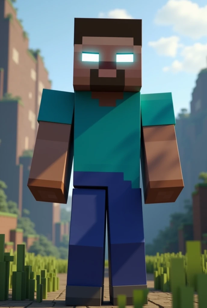 Steve Minecraft , with white eyes , with a muscular and square body , with a light blue shirt
