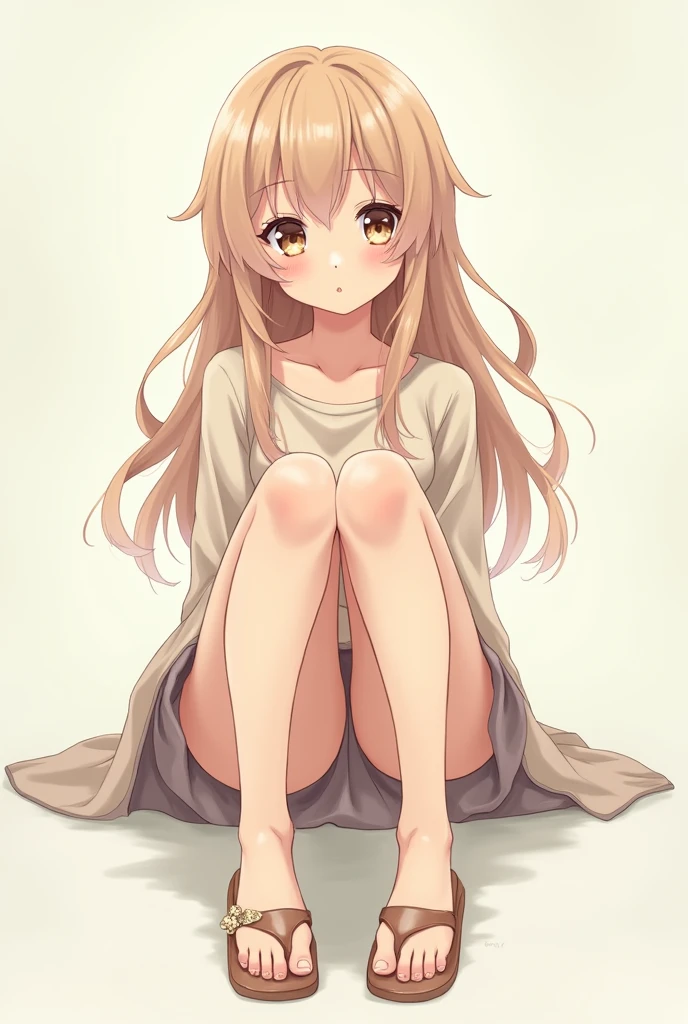 Anime girl sitting facing forward showing her open legs and flat shoes