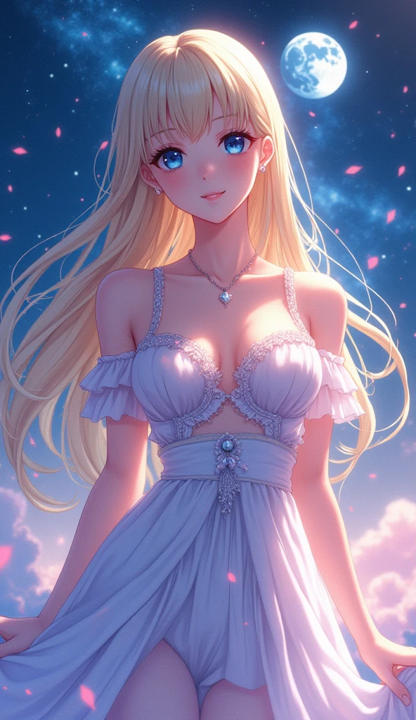 (masterpiece、Highest quality、8k、High resolution)、Best Style、(The most beautiful anime girls)、(Clear skin、Clean blue eyes、Beautiful lips、smile、Beautiful white upper teeth、Beautiful nose)、Blonde Hair、Ample breasts、Beautiful starry sky、milky way、(体whole bodyから神秘的な光の粒子、Colorful Light)、(jewelry、necklace)、dress、(whole body)、Highly detailed anime art、A complete portrayal、