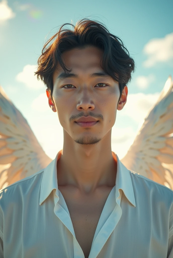 日本人male、Mysterious face、Beautiful face、sexy、Beautiful angel wings、looking at the camera、Upper body image、Beautiful Face、Age 35、front、Smiling、Healing Face、male、White shirt、My chest is a little empty、Beautiful rainbow on background、background is white light