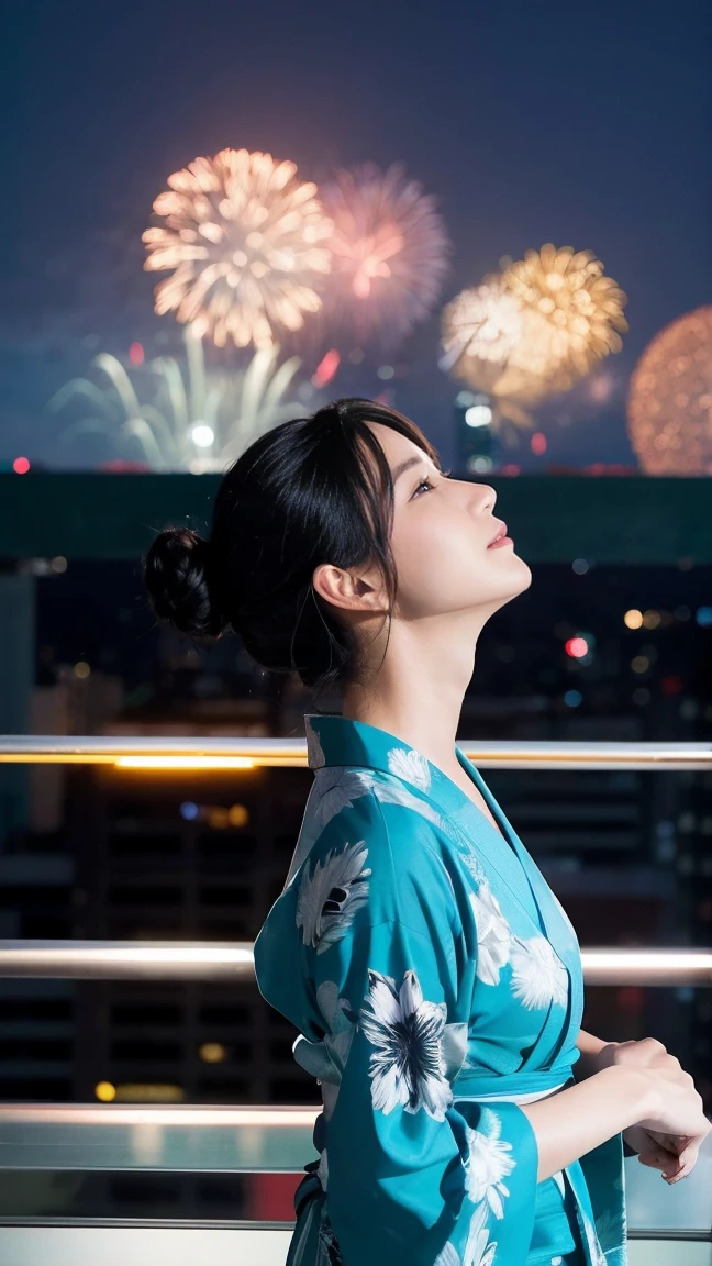 Skyscraper rooftop Mature woman looking up at fireworks Black hair chignon A vibrant turquoise yukata