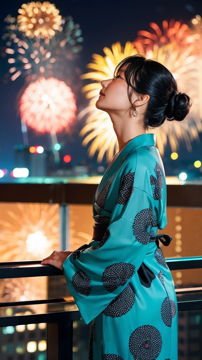 Skyscraper rooftop Mature woman looking up at fireworks Black hair chignon A vibrant turquoise yukata