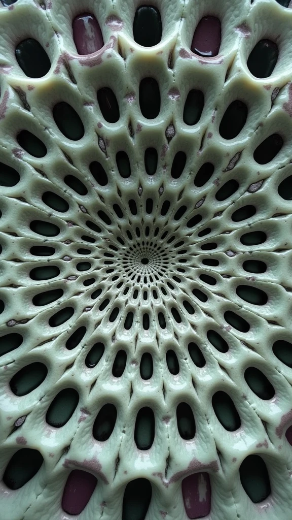 A surreal and disturbing kaleidoscopic pattern inspired by trypophobia, featuring multiple layers of small, closely-packed holes resembling those found in lotus pods. The holes are arranged symmetrically in intricate, repeating patterns, creating a mesmerizing yet unsettling visual effect. The colors are a sickly mix of pale greens, purples, and grays, with the holes appearing dark and glossy. The kaleidoscope effect multiplies the patterns, making the image appear as if it is swirling and pulsating with an eerie, organic texture. The overall effect is both hypnotic and deeply unsettling, evoking a strong sense of discomfort.
