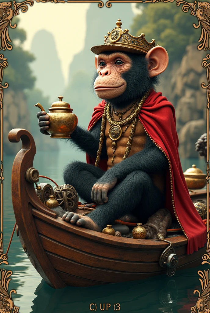 There's a monkey sitting on a boat with a teapot, Lazy like the King of Cups, African Steampunk Alchemist, Jean-Baptiste Monge, Jean-Baptiste Monge, Inspired by Jean-Baptiste Monge, by Cynthia Sheppard, Adorned Piracy, inspired by Cynthia Sheppard, Inspired by Daniel Merriam, detailed steampunk illustration, michael horse (unreal engine, furry fantasy art