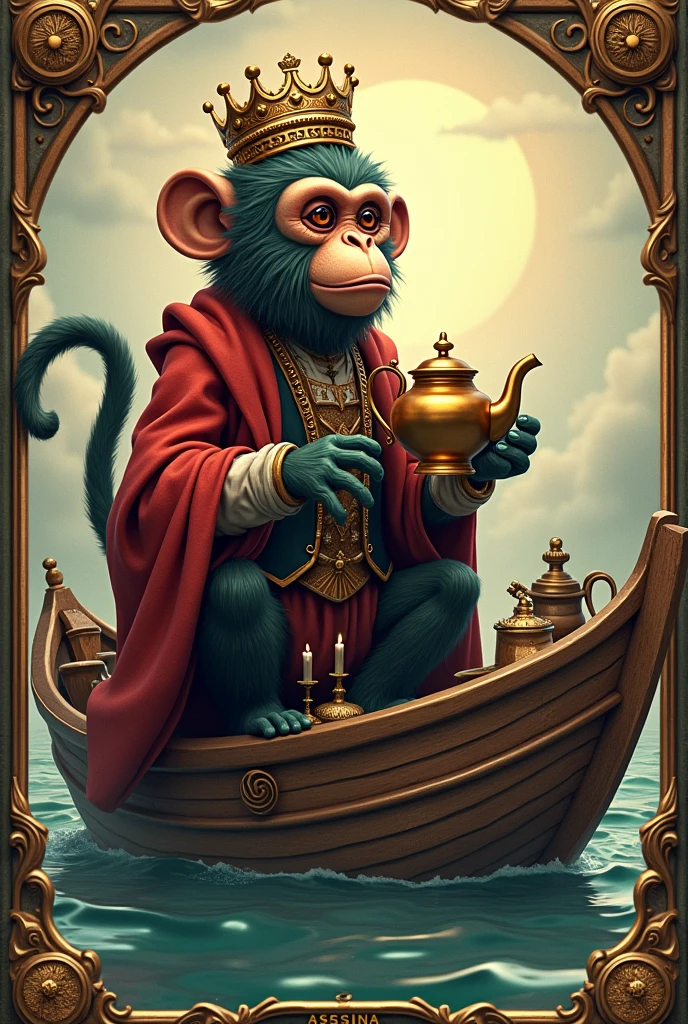 There's a monkey sitting on a boat with a teapot, Lazy like the King of Cups, African Steampunk Alchemist, Jean-Baptiste Monge, Jean-Baptiste Monge, Inspired by Jean-Baptiste Monge, by Cynthia Sheppard, Adorned Piracy, inspired by Cynthia Sheppard, Inspired by Daniel Merriam, detailed steampunk illustration, michael horse (unreal engine, furry fantasy art
