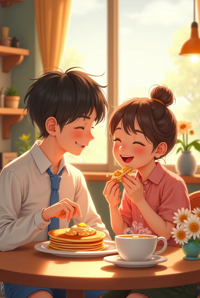 Create a picture of sunghoon and sunoo from enhypen eating pancakes