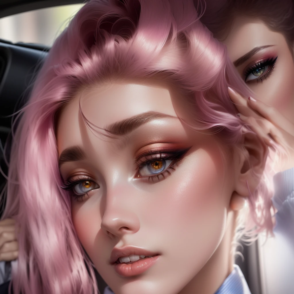 there is a woman with a tie sitting in a car, Retrato Sophie Mudd, Aleksandra Waliszewska, profile picture with headshot, angelina stroganova, valentine shuffle, sexy face with full makeup, yelena belova, sultry gaze, Catarina, 19 years old, anastasia ovchinnikova