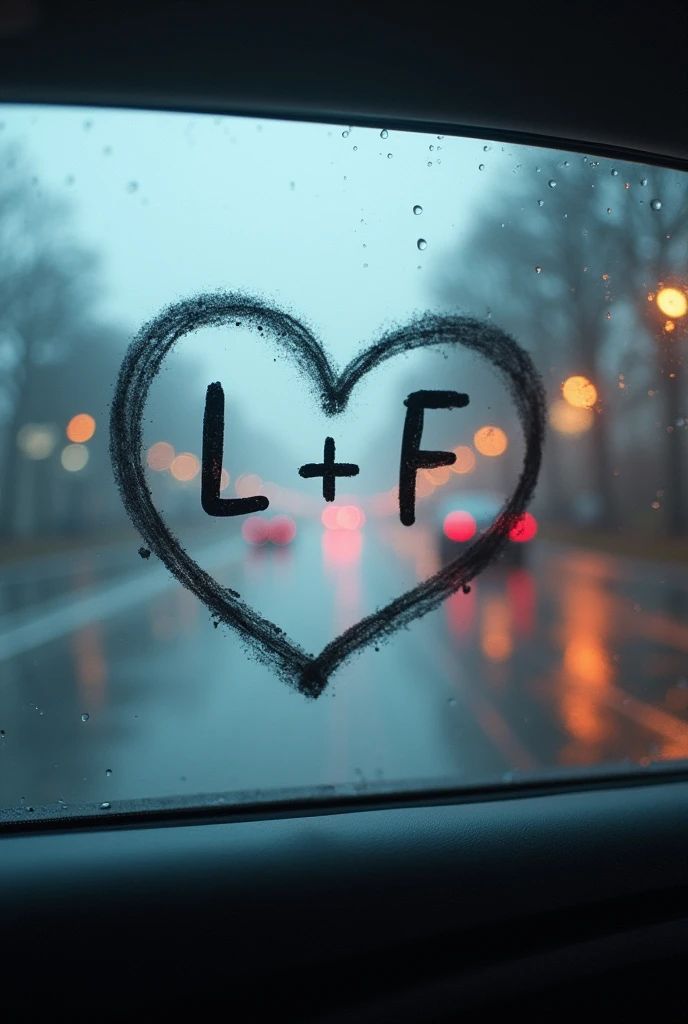 On a car window with raindrops and the glass fogged up in the shape of a heart drawn with steam and inside the initials L + F drawn with steam