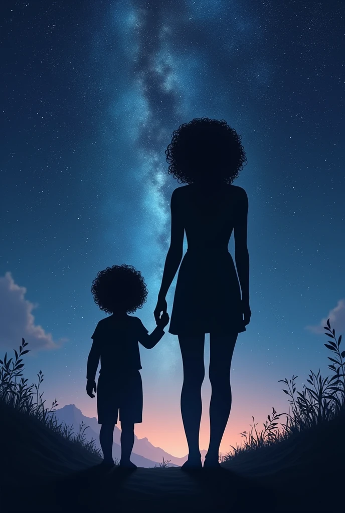 Create the shadow of a woman and a child with curly hair observing the space 

