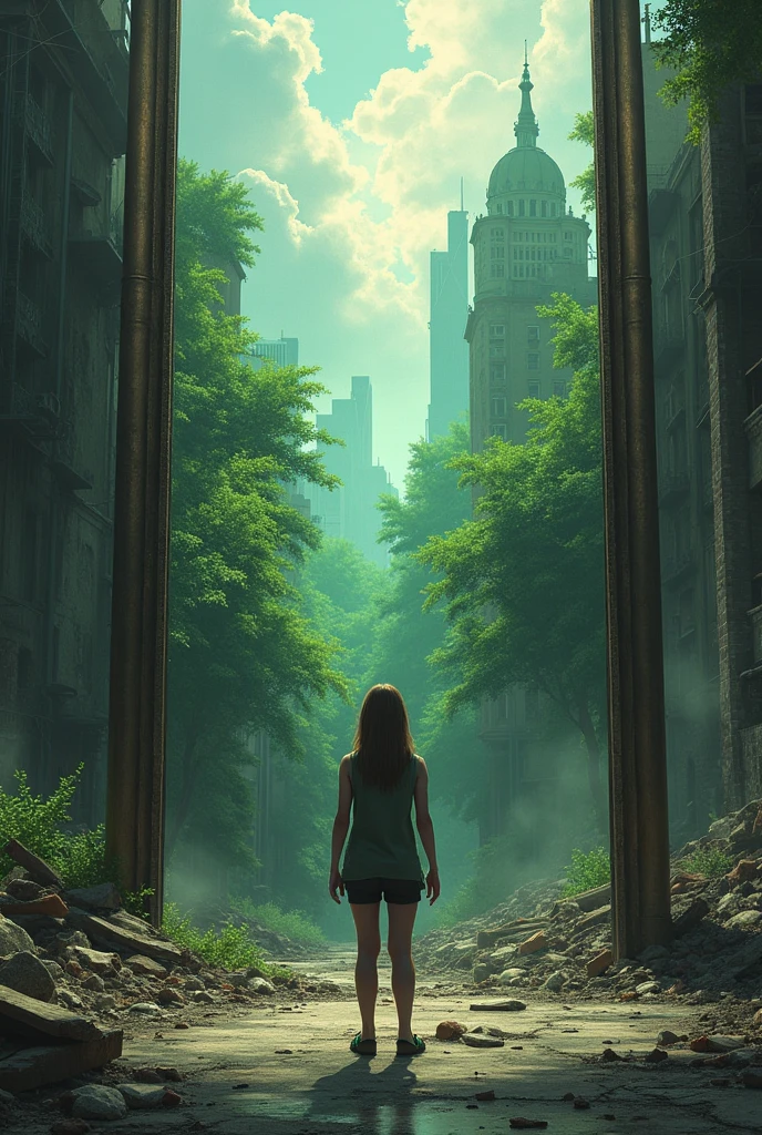 An image that represents the change we must make in ourselves. 
May there be a mirror and a greener world inside.
Let us be outside the mirror (in front of him) in a city destroyed and burned around us 