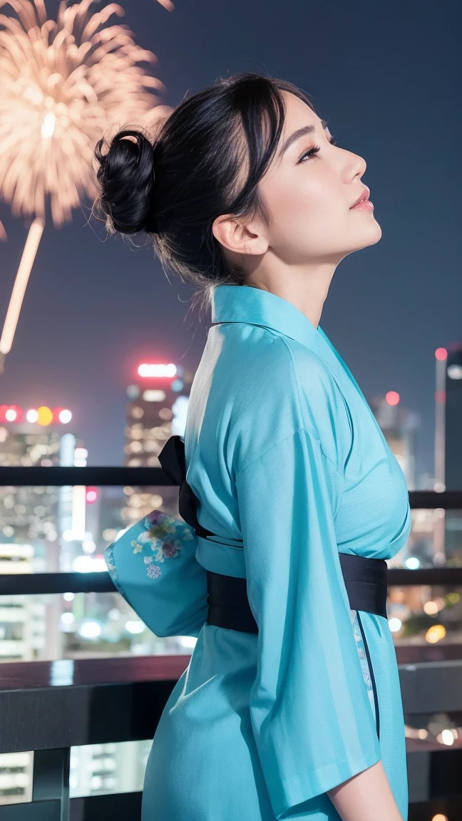 Skyscraper rooftop Mature woman looking up at fireworks Black hair chignon A vibrant turquoise yukata