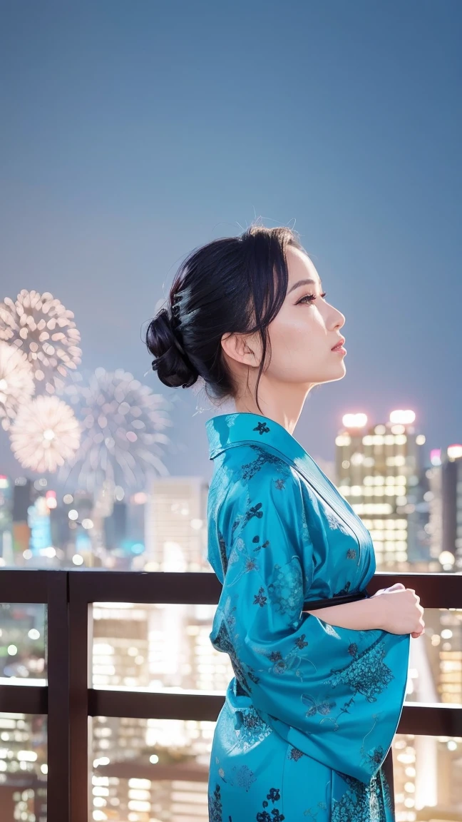Skyscraper rooftop Mature woman looking up at fireworks Black hair chignon A vibrant turquoise yukata