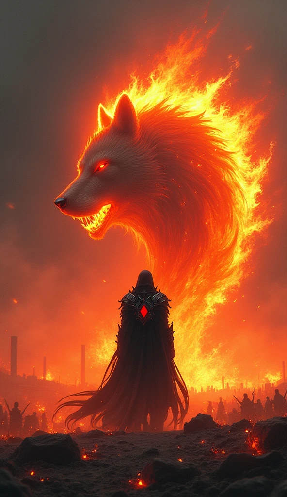 "In the heart of a dark and desolate battlefield, Varis, a knight clad in gothic black armor adorned with blood-red gemstones, stands amidst a relentless horde of monstrous enemies. His long black hair flows like a shadowy veil, and his piercing gaze is fixed on the overwhelming force before him. With a swift motion, Varis calls upon the power of 'Luminous Order' and summons the fearsome 'Blaze Fang,' a blazing wolf-shaped aura of fire. The wolf, composed entirely of roaring flames, springs to life around him, its fiery form radiating intense heat.
As the monstrous horde charges, Varis releases the Blaze Fang with a powerful command. The fiery wolf surges forward, its fangs bared and eyes blazing with wrath. It tears through the enemy ranks, leaving a trail of scorched earth and obliterated foes in its wake. The scene is a chaotic symphony of fire and shadows, as the Blaze Fang’s fiery aura engulfs the monsters, reducing them to ash. Varis stands at the center of this inferno, his gothic armor gleaming in the firelight, a figure of dark power and unyielding strength."