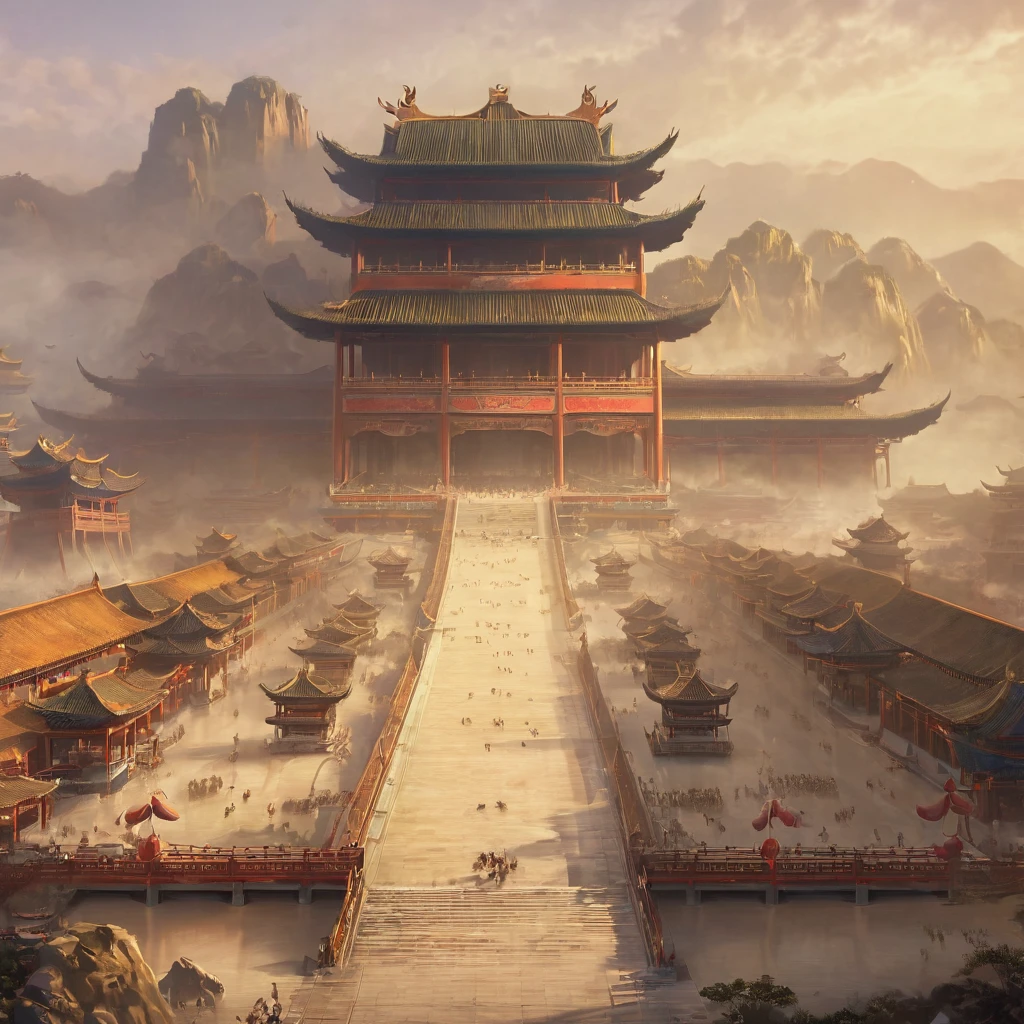 Zhou Dynasty, Chinese Emperor, masterpiece, full-body shot, bridge, Chinese pavilions, Magnificent