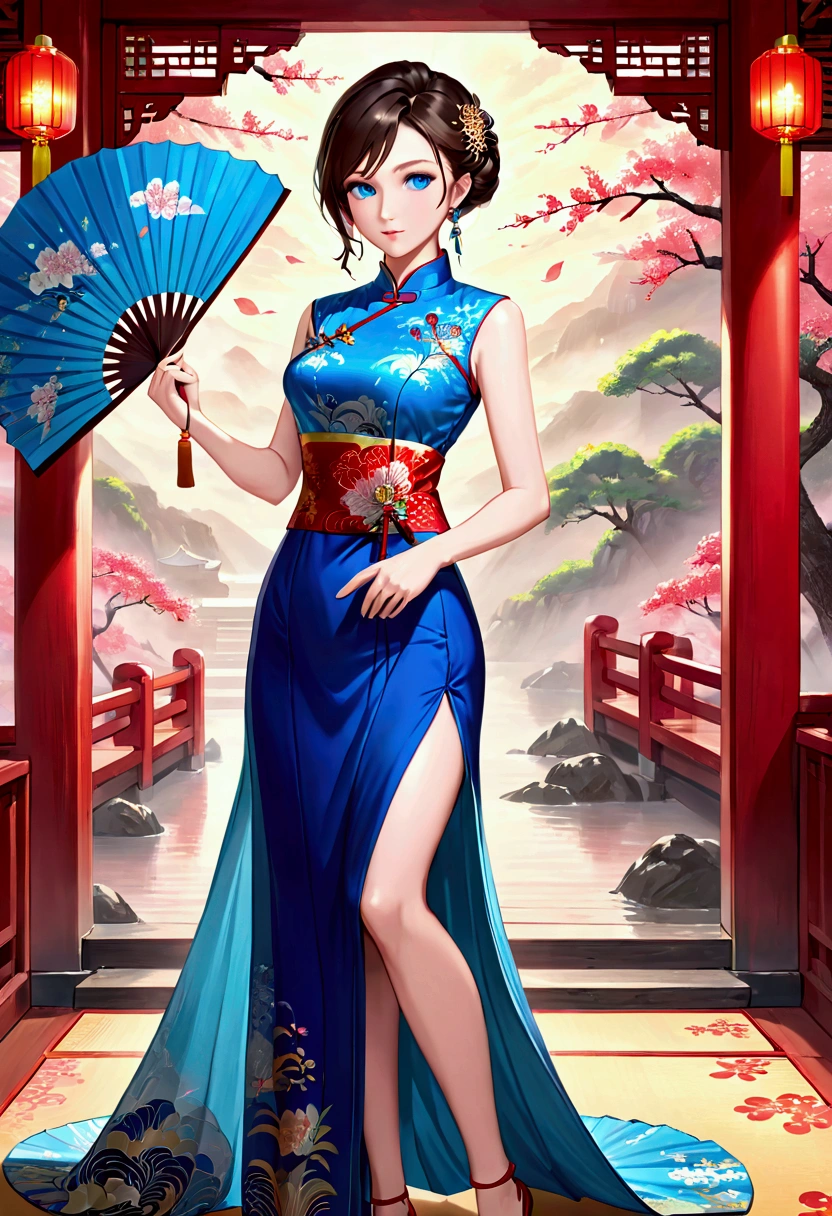 Chinese cheongsam sexy,illustration,High-end fashion,Beautiful and delicate eyes,Beautiful and delicate lips,Long eyelashes,Exquisite makeup,Vibrant colors,posture,Attractive background,Stylized Lighting,editing style,Chinese cultural elements,Exquisite embroidery,Detailed pattern,Modern transformation,Feminine charm,complicated,Futuristic,Chic hairstyle,Beautiful accessories,Tempting,Wearing stylish high heels,Luxurious fabrics,Beautiful movements,Confident expression,Ethereal atmosphere,Colorful composition,Impeccable attention to detail,Modern elegance,Expressive eyes,Dramatic Lighting,Seamless Integration,Artistic talent,Rich texture,Perfect fashion sense,Colored lights,Sentimental atmosphere,A bold fashion statement,Stylish composition