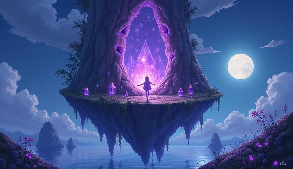 Abandoned floating island, with a giant crystal amethyst cave carved into the middle, the sparkling of the beautiful violet gems attract little fairy's and other cute creatures. It is a full moon and the night is still, acrylic painting, trending on pixiv fanbox, palette knife and brush strokes, style of makoto shinkai jamie wyeth james gilleard edward hopper greg rutkowski studio ghibli genshin impact
