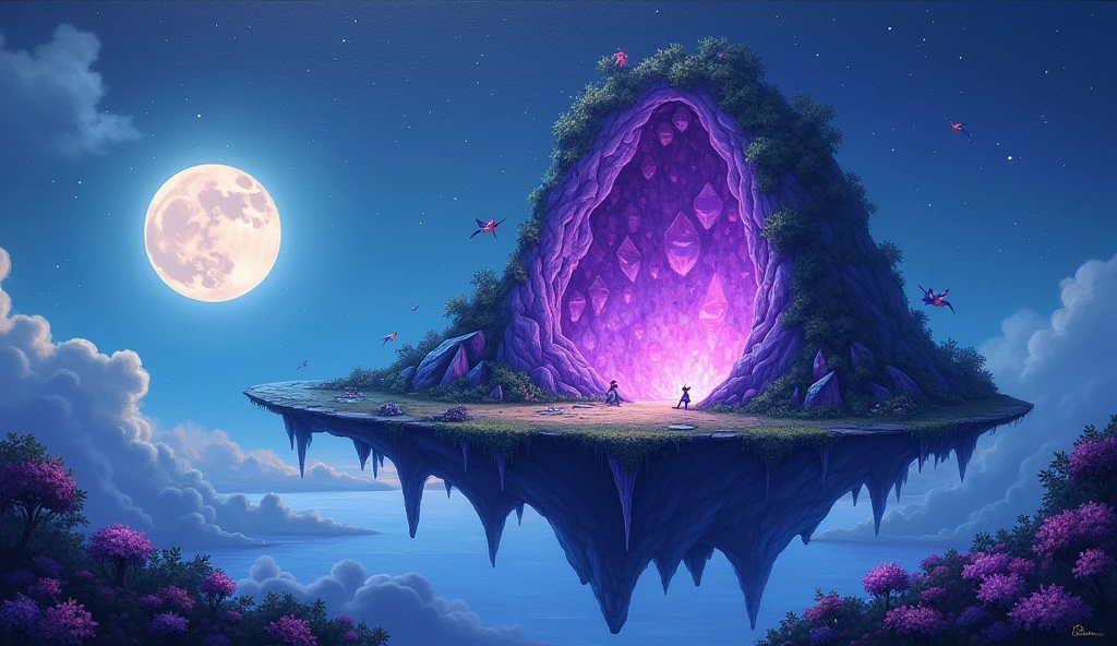 Abandoned floating island, with a giant crystal amethyst cave carved into the middle, the sparkling of the beautiful violet gems attract little fairy's and other cute creatures. It is a full moon and the night is still, acrylic painting, trending on pixiv fanbox, palette knife and brush strokes, style of makoto shinkai jamie wyeth james gilleard edward hopper greg rutkowski studio ghibli genshin impact