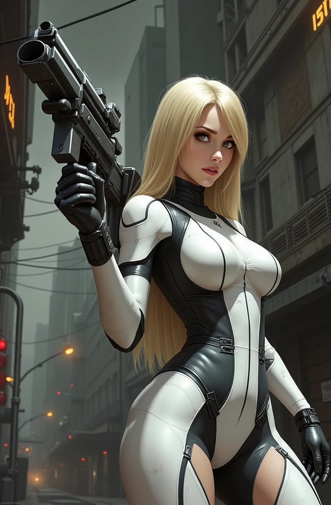 The image shows a young blonde woman in a futuristic outfit and a gun in her hand... She is standing in an urban setting, with a background of buildings and metal structures. The lighting is dark and atmospheric., which creates a feeling of mystery and danger. The young woman appears to be on high alert, with eyes fixed on something outside the image. The outfit she is wearing is tight and suits her well.., that highlights your curves. The weapon he carries is a machine gun., which suggests that she is a soldier or a mercenary. The image is intriguing and evokes a sense of action and adventure...