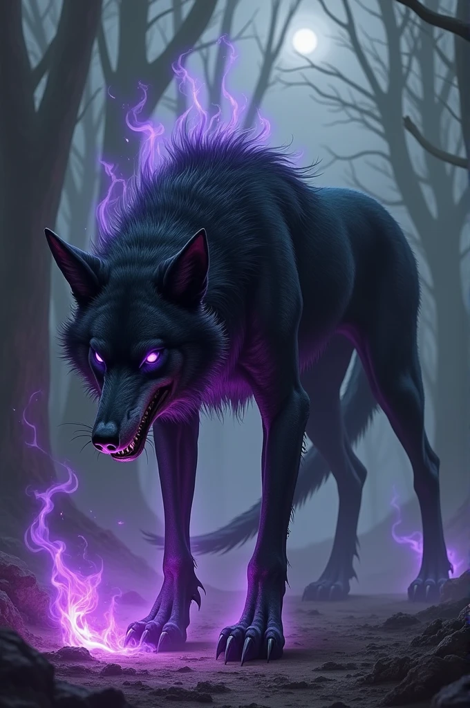 Furry black wolf Evil (large)(similar animal) most humans)(Thin body)Black wolf tail, purple fire tail tip) (purple fleme eye)(effect purple fleme)(Fleming Purple Undead outfit)(Parasites infect the body)