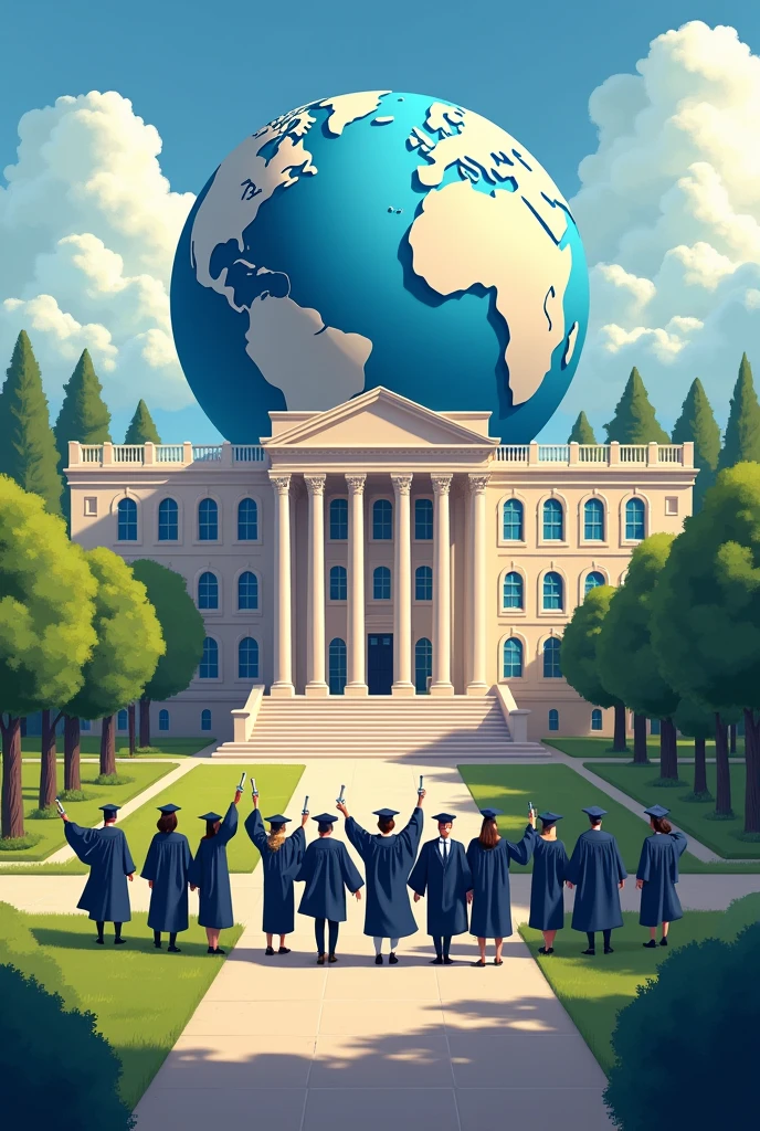 Illustrate the vision by drawing a large school building representing the university. Surround the building with symbols of leadership, like students in graduation caps holding certificates, and a globe to represent global competitiveness.