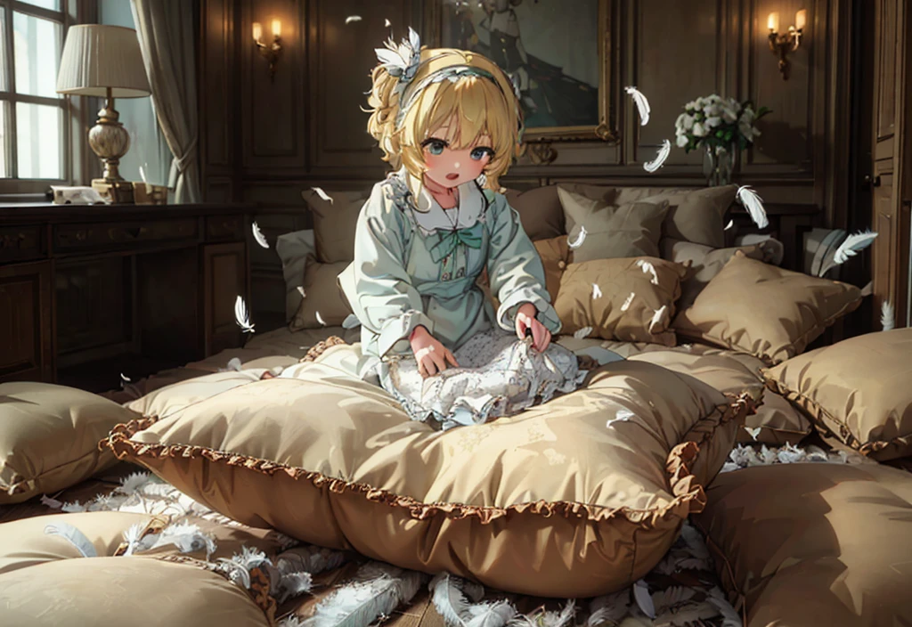 (best quality， masterpiece) , details, (Light and shadow oxtail) , Cute girl posing on pillow ，Pillow, Upholstered，Soft pillow，（Pillow），The love surrounding the protagonist，steam，(Luxury Pillow），（Gorgeous pattern pillow），luxurious pillow, standing,（Love around the protagonist），（pillow）, frilled pillow   , 1 pillow, standing on a top of pillow, on pillow, big pillow, fluffy pillow, pillow damage, stomping pillow, stomping, pillow on floor, stepping on pillow, posing on top pillow, full body, pillow on floor, (((feathers))), pillow destroy, ripping pillow, tearing pillow in half, feathers everywhere, cotton, stuffing pillow, sakurai_momoka_theidolmastercinderellagirlsu149, blonde_hair, hairband, short_hair, green_eyes, bangs, upper_body, smile, bow, open_mouth, wavy_hair