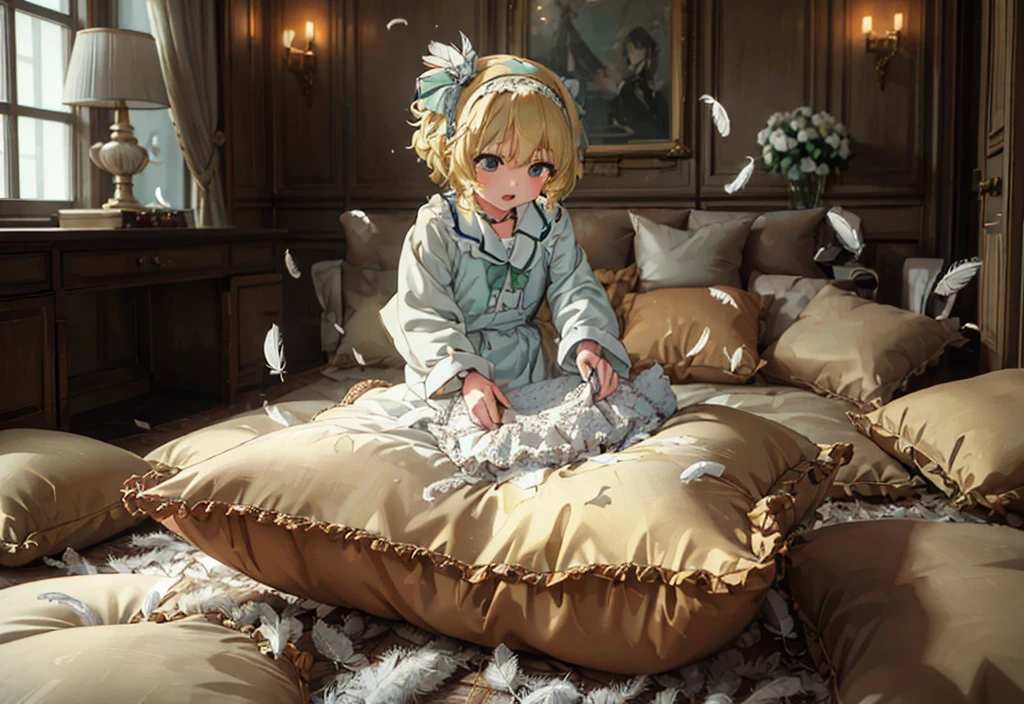 (best quality， masterpiece) , details, (Light and shadow oxtail) , Cute girl posing on pillow ，Pillow, Upholstered，Soft pillow，（Pillow），The love surrounding the protagonist，steam，(Luxury Pillow），（Gorgeous pattern pillow），luxurious pillow, standing,（Love around the protagonist），（pillow）, frilled pillow   , 1 pillow, standing on a top of pillow, on pillow, big pillow, fluffy pillow, pillow damage, stomping pillow, stomping, pillow on floor, stepping on pillow, posing on top pillow, full body, pillow on floor, (((feathers))), pillow destroy, ripping pillow, tearing pillow in half, feathers everywhere, cotton, stuffing pillow, sakurai_momoka_theidolmastercinderellagirlsu149, blonde_hair, hairband, short_hair, green_eyes, bangs, upper_body, smile, bow, open_mouth, wavy_hair