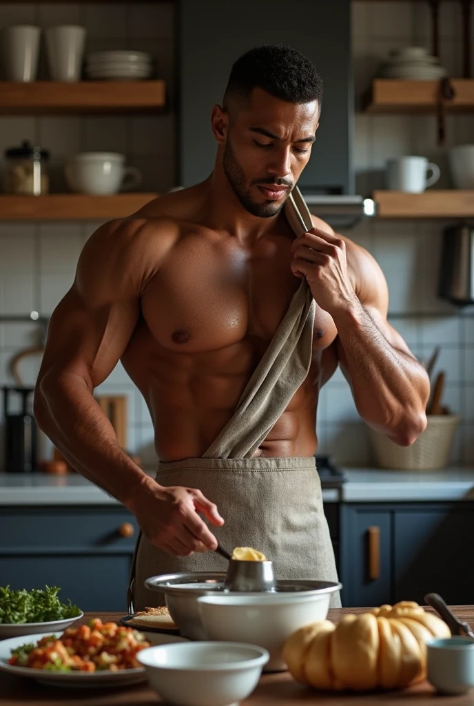 裸エプロンで朝食を作るMuscularな男、erection、Highest quality、Pectoralis major、Abdominal muscles、eye、Body hair、sweating、short hair、Putting on a collar、Brown Skin、Muscular、kitchen