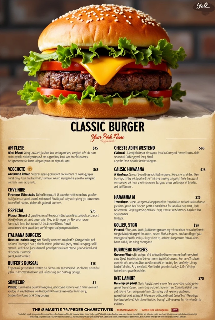 Create a menu for a restaurant called CHIKING WIN'S which sells hamburgers, wings and bunnels with this information CLASSIC BURGER.
vegetables, queso, beef
$45
HAMBURGUESA HAWAINA
vegetables, queso, ham, Piña, beef
$55
HAMBURGUESA ESPECIAL
vegetables, queso, ham, bacon, sausage, pork cheese, beef
$70
HAMBURGUESA ITALIANA
vegetables, queso, peppers. beef
$55
HAMBURGUESA MEXICANA
vegetables, queso, bacon, champiñon. beef
$50
HAMBURGUESA TEXΑΝA
vegetables, queso, triple bacon, fried egg, beef
$55
HAMBURGUESA RANCHERA
vegetables, queso, triple bacon, chorizo,
$55