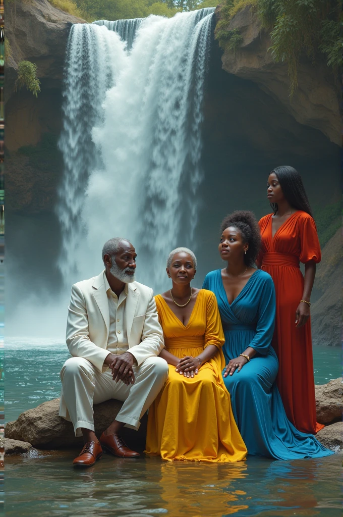 A black grandfather dressed in white sitting, a black grandmother dressed in yellow sitting, a young black woman dressed in blue and a black woman dressed in red at a waterfall