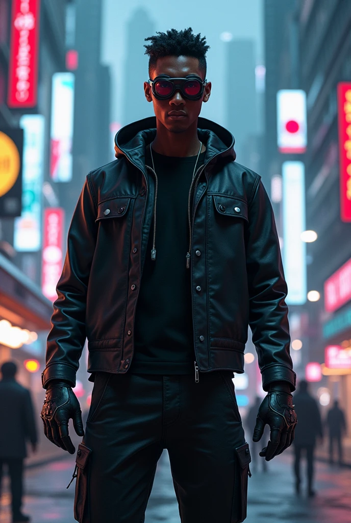 use this guy but with nothing hanging on him. he is smaller and wearing a leather jacket and trousers ninja black guy in new Tokyo, cyberpunk. Also he is got tech goggles and gloves with little wires passing throw each finger