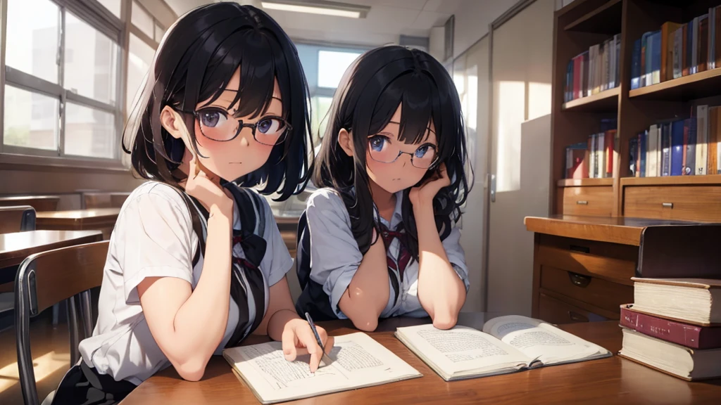 masterpiece, top-quality, High-quality images, high resolution, 8K, 1 student, detailed, Detailed eye depiction, skin gloss, school uniform, large breast, Lustrous hair, Black short-haired, disheveled hair, Round glasses, Narrow old room, many bookshelves, studying, shy expression, blushing heavily, sitting at table, looking at viewer