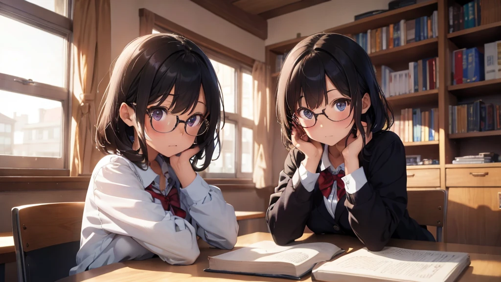 ​masterpiece, top-quality, High-quality images, high resolution, 8K, 1 student, detailed, Detailed eye depiction, skin gloss, school uniform, large breast, Lustrous hair, Black short-haired, disheveled hair, Round glasses, Narrow old room, many bookshelves, studying, shy expression, blushing heavily, sitting at table, looking at viewer