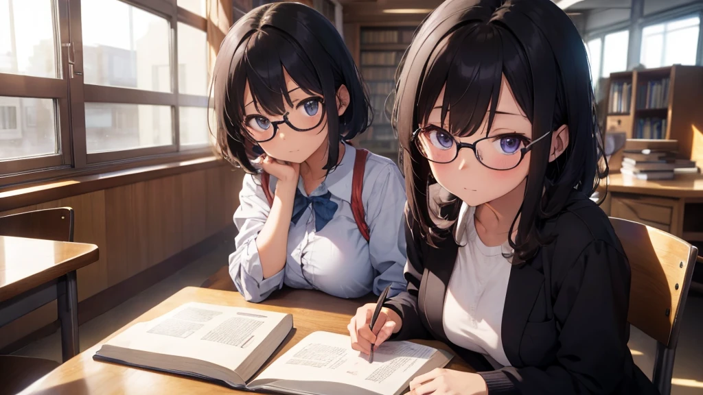 ​masterpiece, top-quality, High-quality images, high resolution, 8K, 1 student, detailed, Detailed eye depiction, skin gloss, school uniform, large breast, Lustrous hair, Black short-haired, disheveled hair, Round glasses, Narrow old room, many bookshelves, studying, shy expression, blushing heavily, sitting at table, looking at viewer