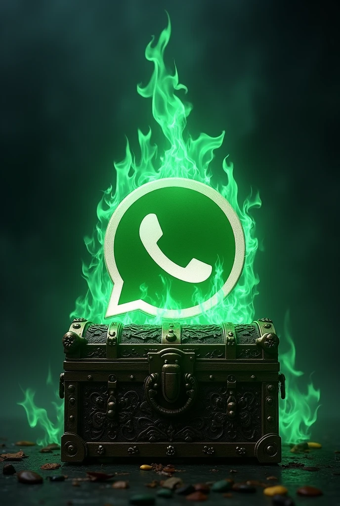 I want a black and green image with the WhatsApp icon with black and green fire on top of a treasure chest 
