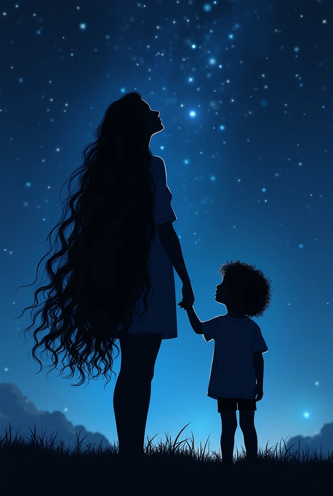 Create the shadow of a woman with long wavy hair and a child with medium curly hair looking into space