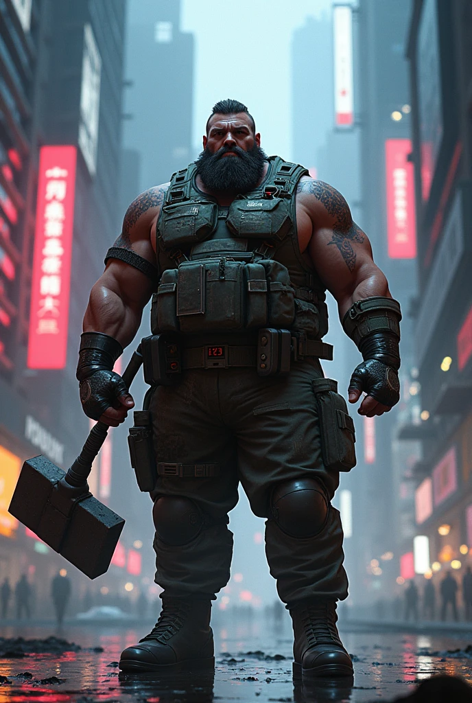 Create a 130-kilogram burly man, hunter and ex-military man with a combat hammer in his hand in the world of cyberpunk
