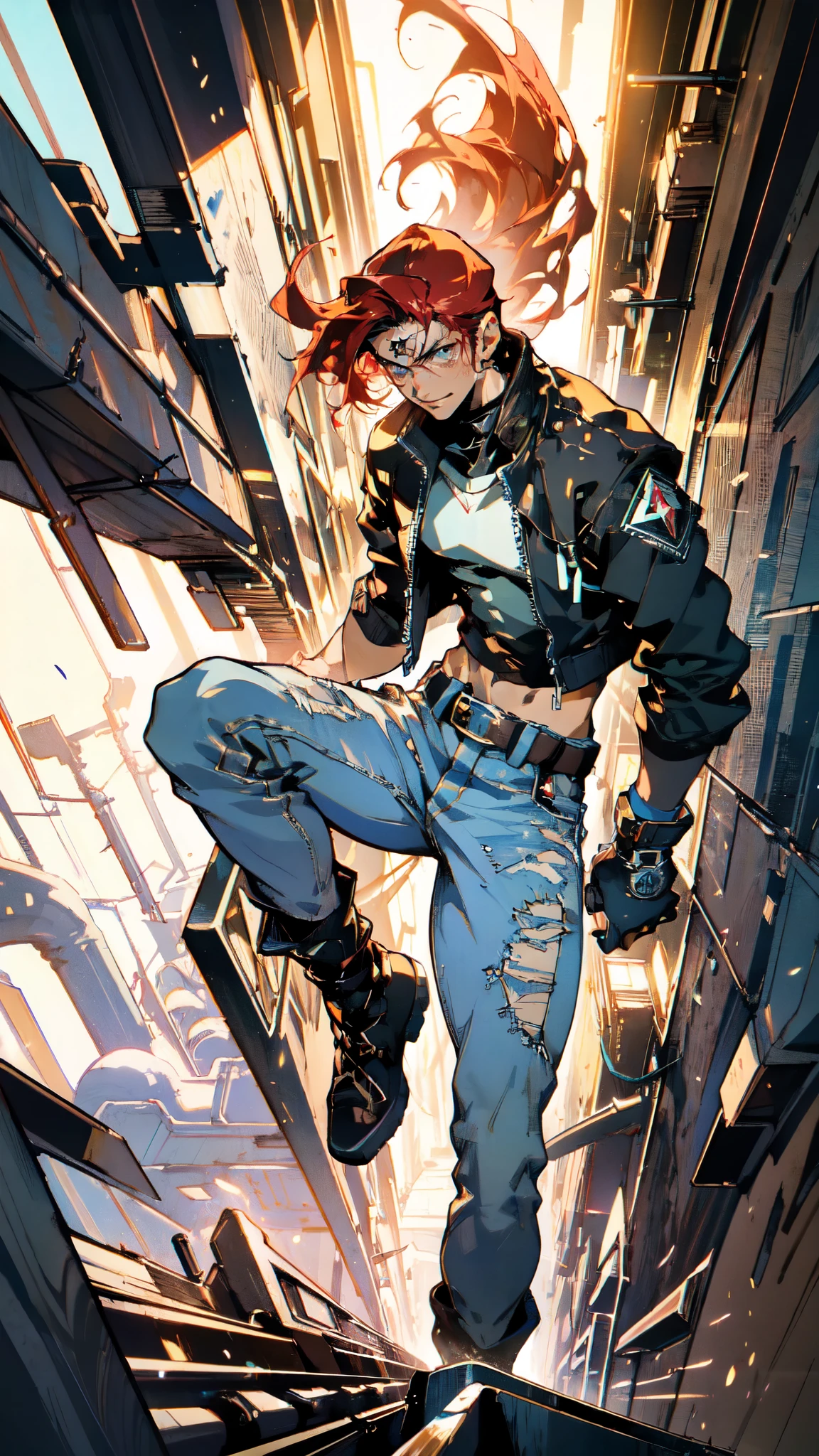 (masterpiece:1.2, best quality:1.2, extremely delicate:1.2), ((male:1.5)), a young man with messy red hair, a leather strap tied around his forehead, a handsome face, bright eyes, a rebellious smile, a slender build, a futuristic fantasy-style black and white leather jacket, dark jeans, hiking boots, he is making an exaggerated leap above the city, this character embodies a finely crafted futuristic fantasy-style rogue in anime style, exquisite and mature manga art style, dramatic, high definition, highres, ultra-detailed, ultra-fine painting, professional, perfect body proportions, golden ratio, anatomically correct, symmetrical face, extremely detailed eyes and face, high quality eyes, creativity, RAW photo, UHD, 32k, Natural light, cinematic lighting, (masterpiece-anatomy-perfect:1.2)