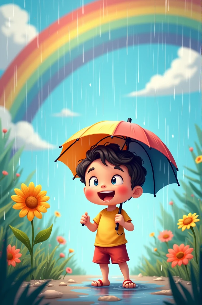 Conclusion Now you know the secret of rain! Water cycle, vaporize, condensation, cloud, and the rain fall all work together to bring us rain. Next time it rains, You can think about the wonderful journey of water.. Let's cheer for this amazing water cycle!!
Image suggestion:
A happy child with an umbrella, stand in the rain and smile, with a rainbow in the background and cartoon characters cheering.