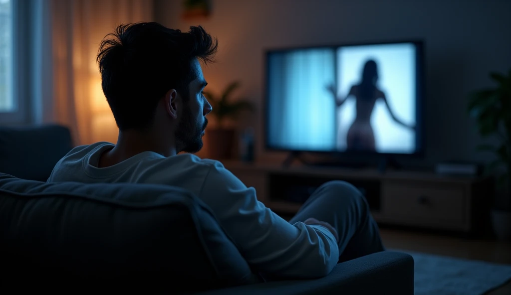 A guy watching a semi-naked woman on TV