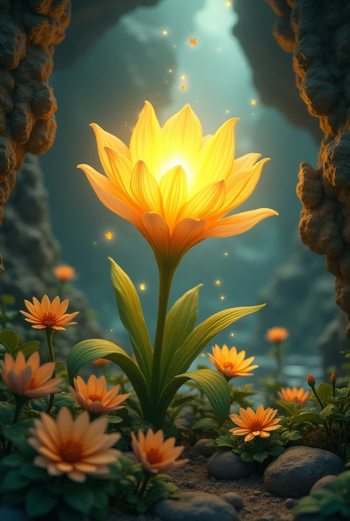 A magical yellow flower that is shining in the middle of a cave with more flowers around it.