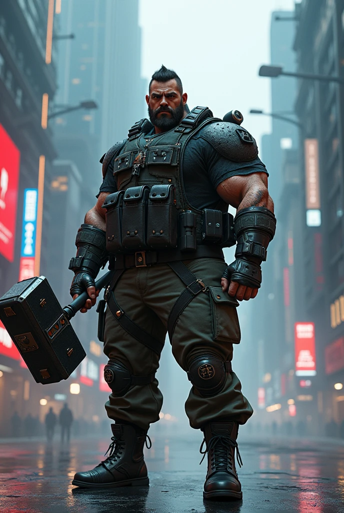 Create a 130-kilogram burly man, hunter and ex-military man with a combat hammer in his hand in the world of cyberpunk