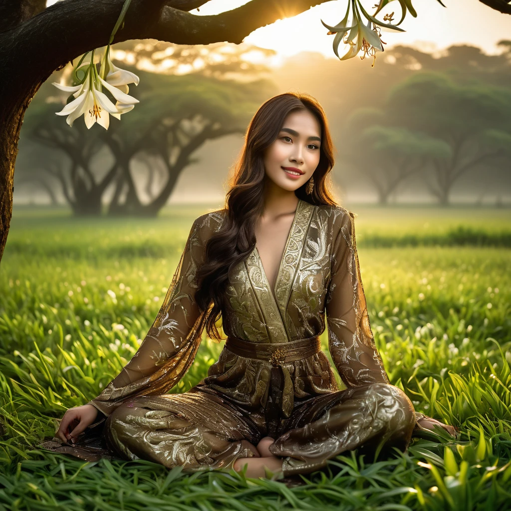 Indonesian girl, 20 years old, in an intricately designed, ornate, long-sleeved jumpsuit, adorned with delicate patterns and motifs, flowing free, her long, dark hair flows upwards, dancing in the air, subtle, enigmatic smile on her face, gently playing with a pristine, white lily flower, sitting serenely on the wet, dewy grass surface at a serene, foggy lakeside, beneath the sprawling canopy of a massive, centuries-old tree, its gnarled branches stretching towards the sky, amidst the warm, golden tones of twilight, subtle, soft sunlight filtering through the leafy foliage, casting dappled shadows, a masterful blend of portrait and wildlife photography, evoking the styles of National Geographic photographers, such as Paul Nicklen, and the cinematic grandeur of Garret Bradley's photography, with the utmost attention to detail, vivid colors, and textures, reminiscent of the ornate, baroque style of Indonesian art, a true masterpiece, in the highest resolution, with every element meticulously crafted.