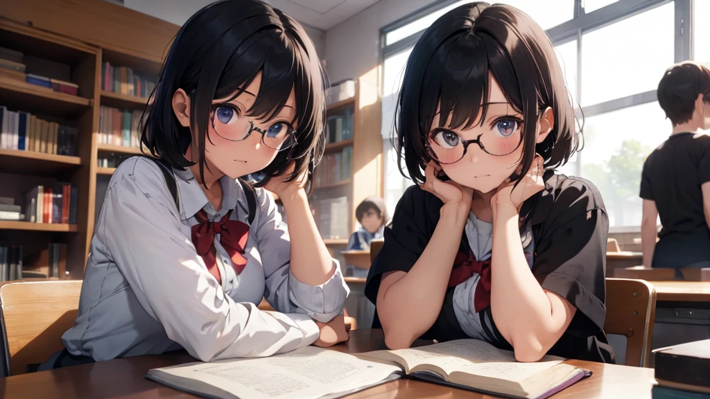​masterpiece, top-quality, High-quality images, high resolution, 8K, 1 student, detailed, Detailed eye depiction, skin gloss, school uniform, large breast, Lustrous hair, Black short-haired, disheveled hair, Round glasses, Narrow old room, many bookshelves, studying, shy expression, blushing heavily, sitting at table, looking at viewer