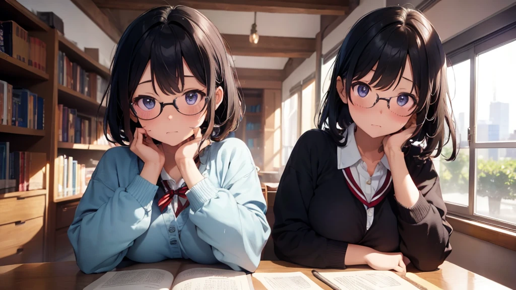 masterpiece, top-quality, High-quality images, high resolution, 8K, 1 student, detailed, Detailed eye depiction, skin gloss, school uniform, large breast, Lustrous hair, Black short-haired, disheveled hair, Round glasses, Narrow old room, many bookshelves, studying, shy expression, blushing heavily, sitting at table, looking at viewer