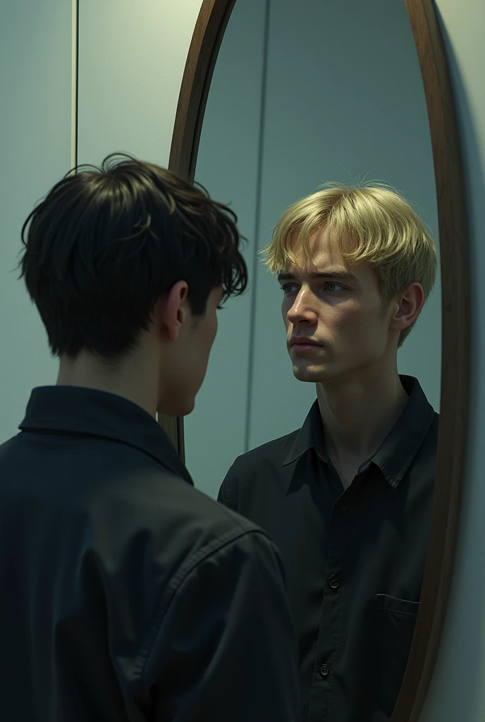 A dark-haired man looking in the mirror, but the image he sees in the mirror is that of another blond man. modern setting.
